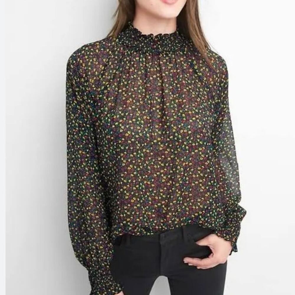 Women's Gap‎ Sheer Floral Pattern Long Sleeve Black Blouse Top Size Small